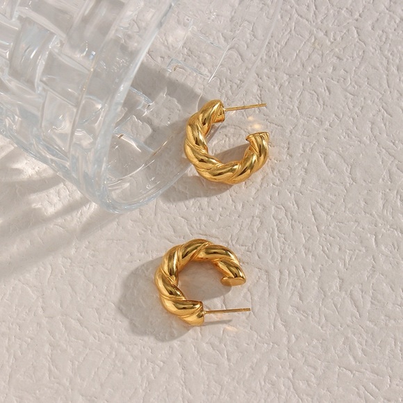 Gold Twisted Hoop Earrings* Braid Twist Earrings*Chunky Round Hoops*Waterproof - Picture 2 of 9